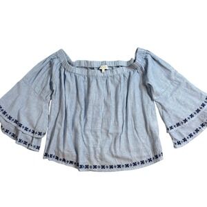 Lucky Brand Off Shoulder Bell Sleeve Embroidered Blouse Top Light Blue Size L